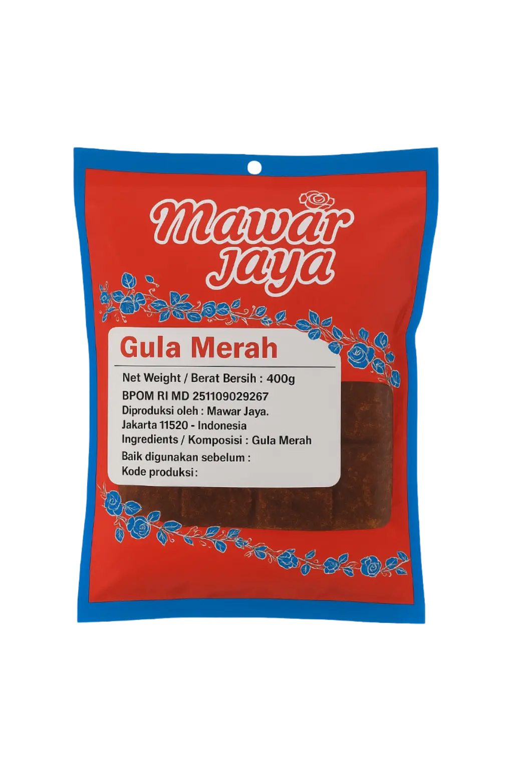 Gula Merah 400g dari PT Mawar Jaya dalam kemasan merah biru